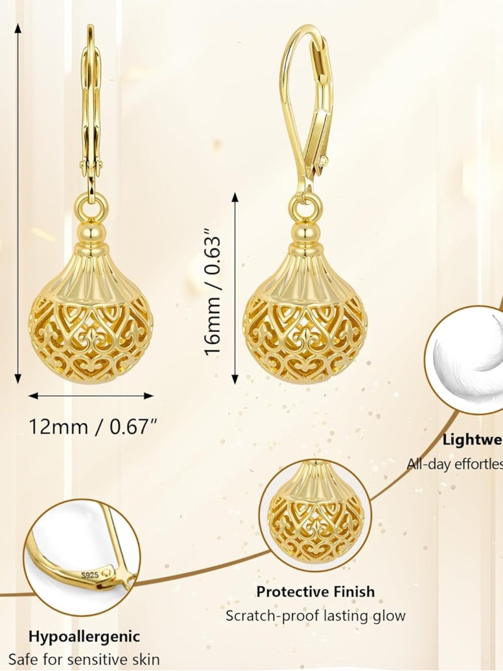New! 14k Gold plated 925 Sterling Silver Vintage Filigree Drop Earrings - Picture 4 of 6